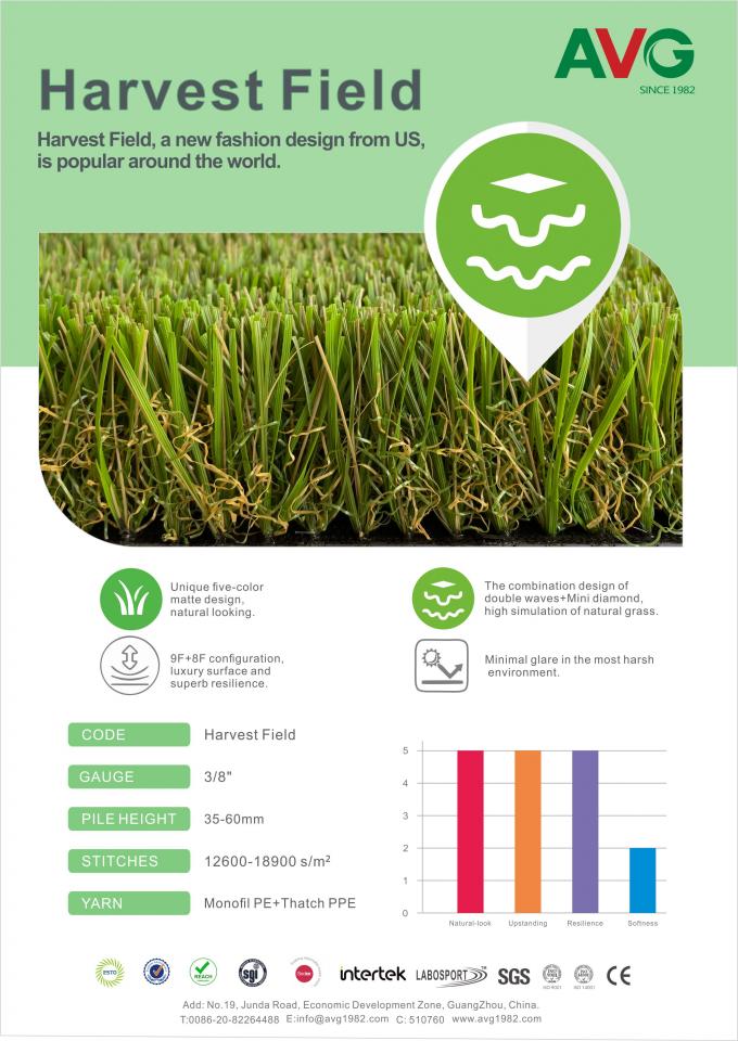 PE 60mm Garden Artificial Grass For Landscaping 3/8" Gauge 0